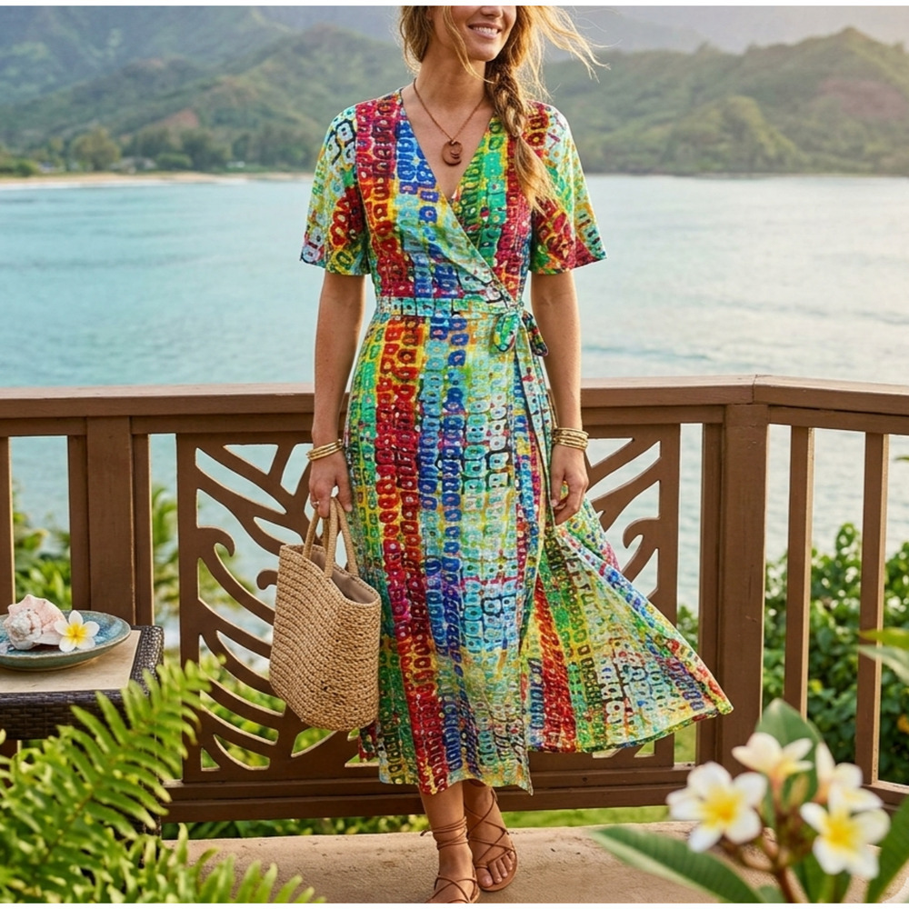 Jams World Adele Wrap Dress Size XS Road Trip Multicolor Print Hawaiian Beachy